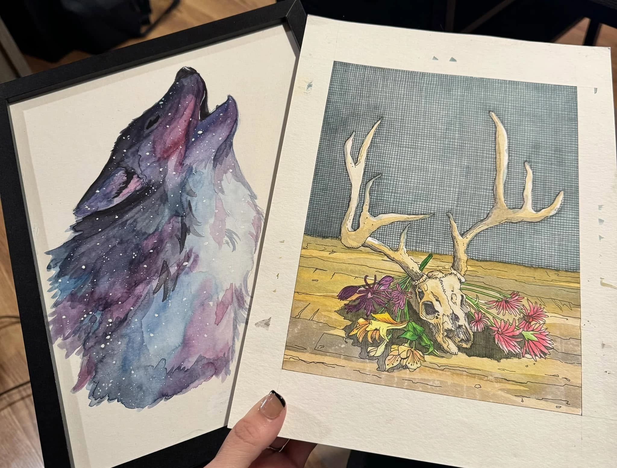 Watercolor wolf and antlers painting