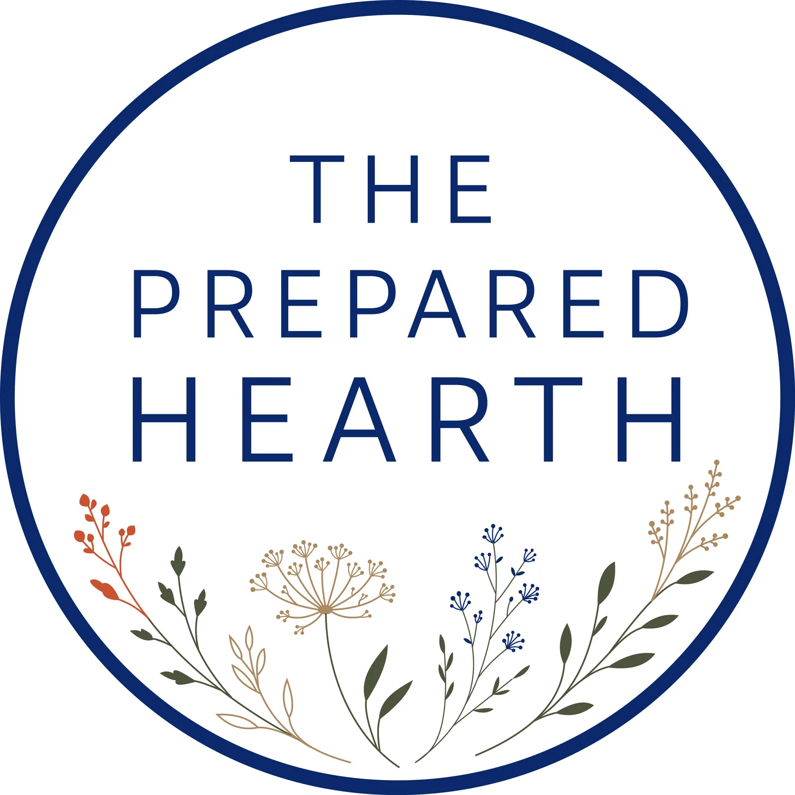Circular navy logo for The Prepared Hearth with a wildflower illustration