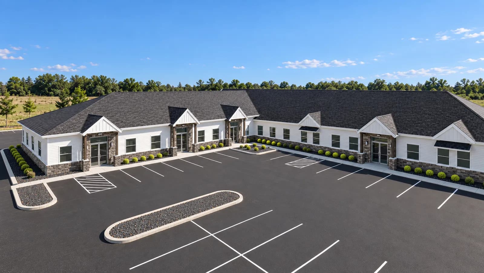 Aerial 3D rendering of the Learning Explorers childcare building and front parking lot in East Bethel, Minnesota