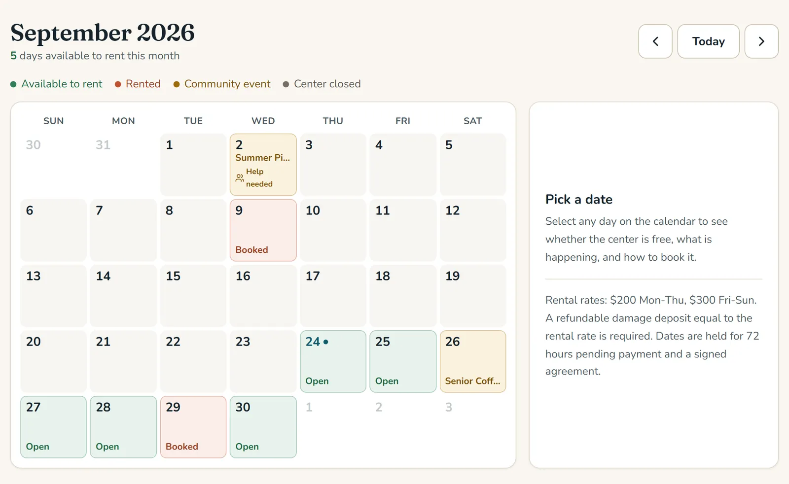 Public rental calendar color coded by open, booked, and community event dates