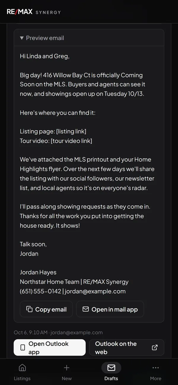 Phone screen previewing a drafted Coming Soon email to a seller