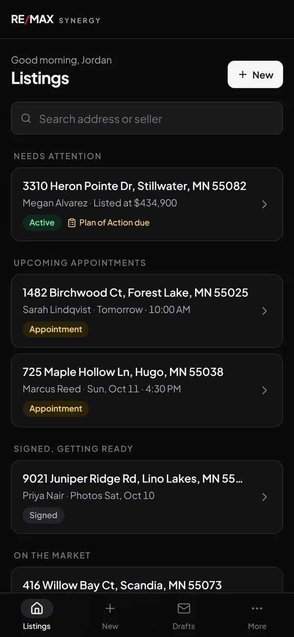 Phone screen listing active listings, upcoming appointments, and listings that need attention