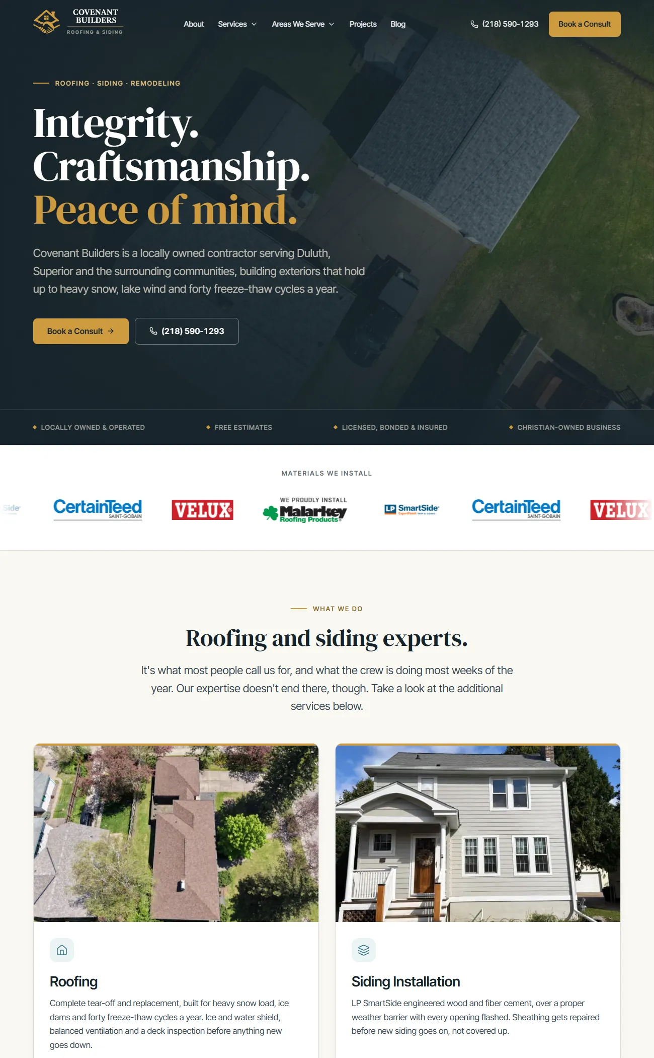 Roofing and siding contractor website for Duluth, Minnesota