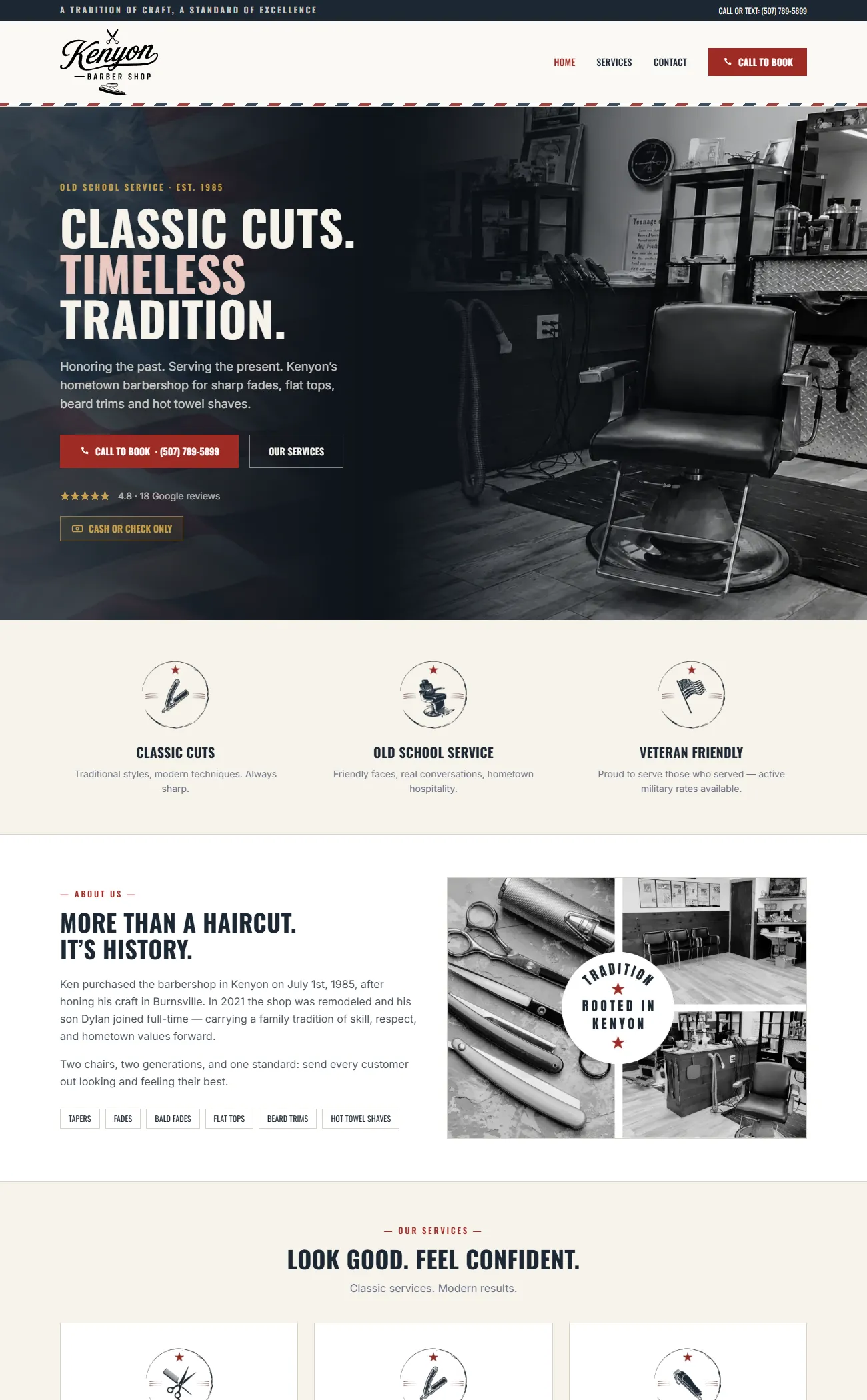 Barbershop website with a call-to-book button