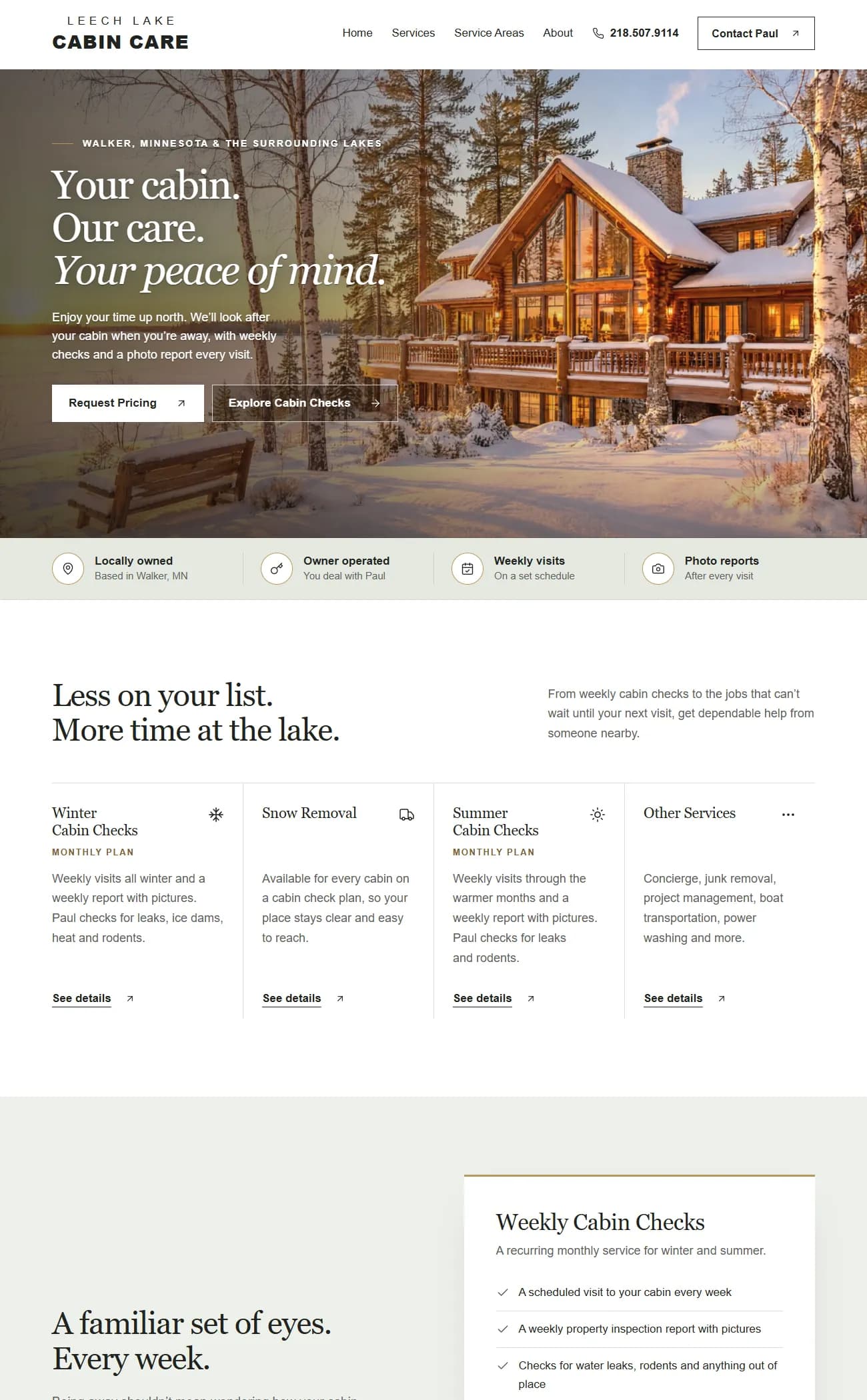 Cabin check and snow removal service website for Walker, Minnesota