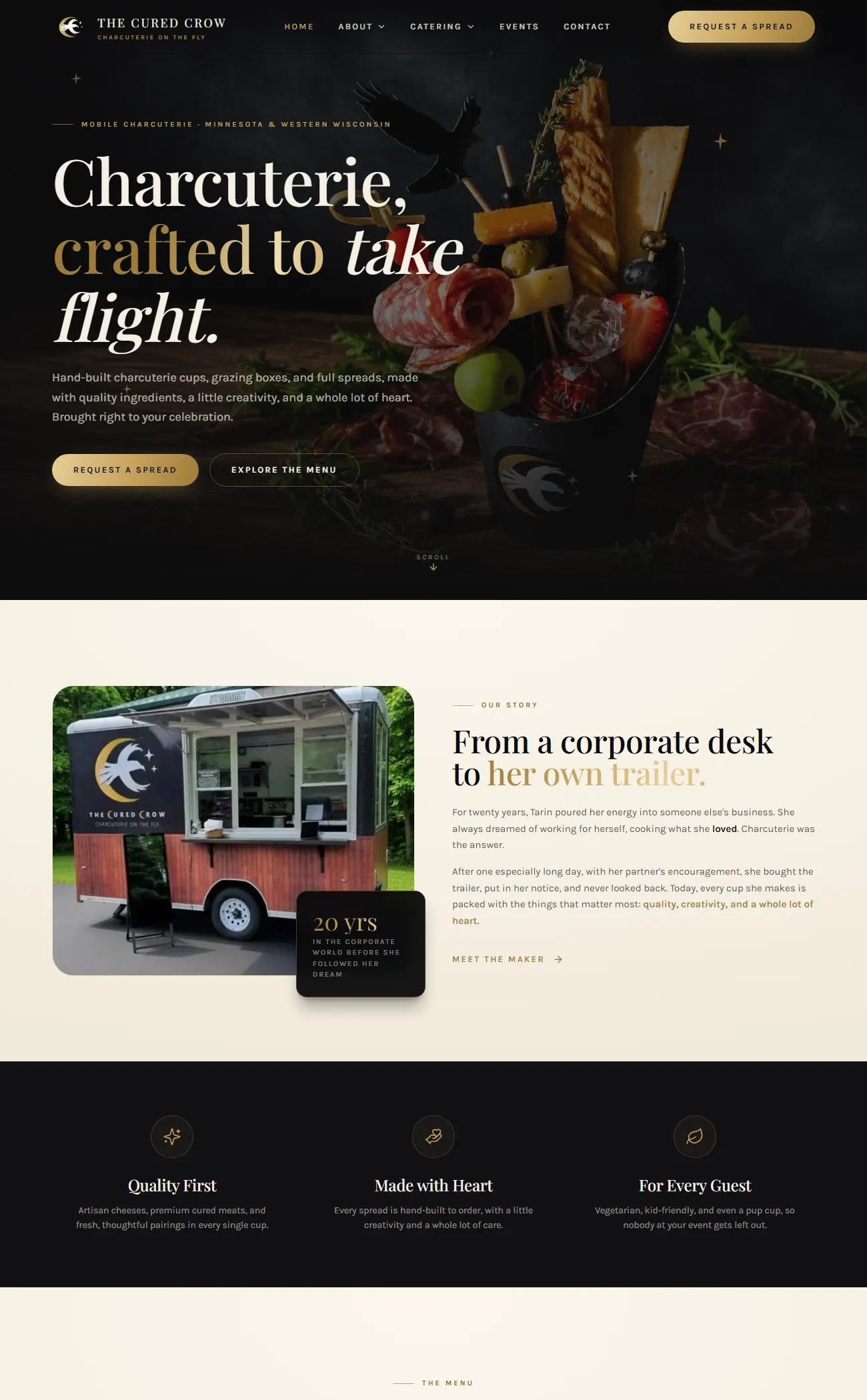 Dark and gold website design for a mobile charcuterie company