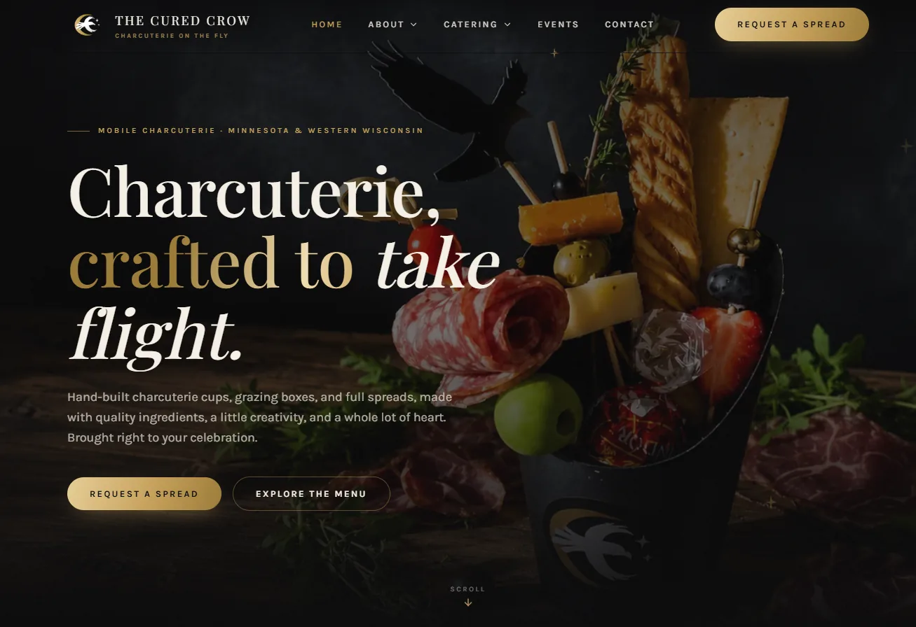 The Cured Crow mobile charcuterie website designed by Melsmark
